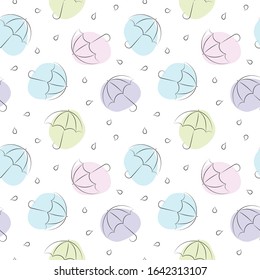 seamless background of hand-drawn multi-colored umbrellas and raindrops