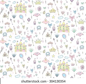 Seamless background Hand-Drawn Princess Girl Set, Doodle Design Elements, Sketchy Fairy Tale Tiara Crown Notebook, Vector Illustration, for design and scrapbook, castle, diamond, mirror, magic wand