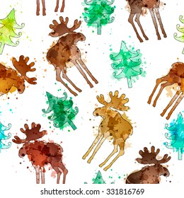 Seamless background with hand-drawn silhouettes of elk and fir-tree.  Vector imitation of watercolor texture. Perfect for Christmas and New Year greetings, invitations, wrapping paper, textile, web
