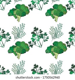 seamless background of hand-drawn vegetables isolated on a  colored background