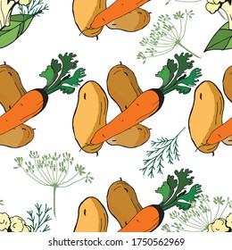 seamless background of hand-drawn vegetables isolated on a  colored background
