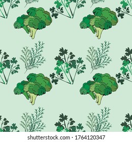 seamless background of hand-drawn vegetables isolated on a  colored background