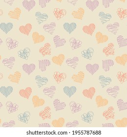 El fondo inexorable de los corazones de doodle hechos a mano en colores delicados