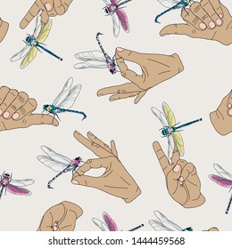 seamless background with hands and dragonfly