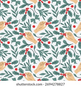 Seamless background with hands holding branches with berries and leaves. Christmas gifts. Vector seamless texture.