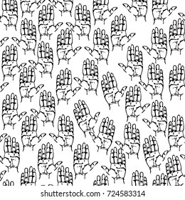 Seamless background. Hands of a man. Hands pointing up. Vector graphics. Sketch style. Painted by hands. Illustration of a part of a human body.