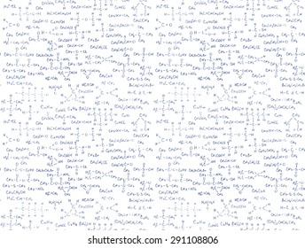 Seamless background with handwritten chemical formulas, organic molecules - vector illustration, hand drawn chemistry vector seamless pattern with formulas of different molecular carbon combinations