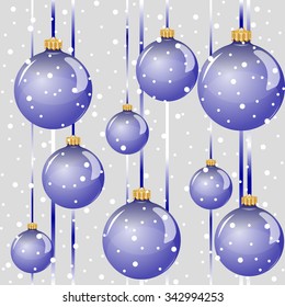 Seamless background with hanging glossy blue glass Christmas balls and falling snow. Vector illustration.