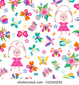 Seamless background with a happy bunny jumping rope with butterflies and flowers around.Cute kids background. Vector illustration of summer.