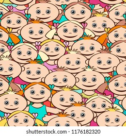 Seamless Background with Happy Cartoon Children, Funny Little Boys and Girls in Bright Clothes, Standing with Arms Wide Open and Smiling, Tile Pattern for your Design. Vector