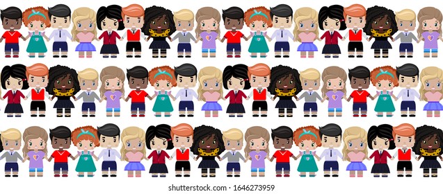 Seamless background with happy children of different races and colors hold hands and smile. Color vector illustration on white background