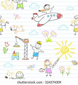 Seamless background with happy children in work wear. Sketch on notebook page in doodle style