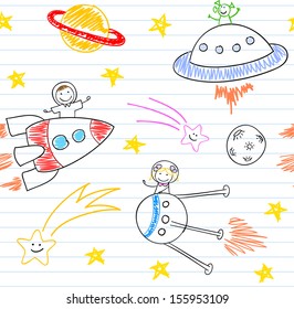 Seamless background with happy children's and aliens. Sketch on notebook page