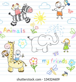 Seamless background with happy children's and animals. Sketch on notebook page