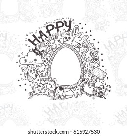 Seamless background of happy easter, doodle the rabbit with friends hand drawn vector illustration