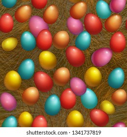 Seamless background Happy Easter Holiday with colored egg in the basket. Design for greeting card, party invitation etc. Vector Illustration