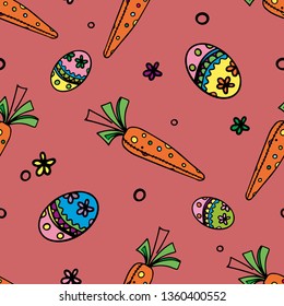Seamless background Happy Easter pattern with eggs hand drawn with ornaments. Stitched carrots. Vector illustration

