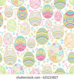 Seamless background Happy Easter  pattern with eggs hand drawn blue, green, red, orange  with ornaments of flowers, leaves and  Mandala elements. Vector illustration.