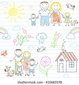 Seamless background with happy family - mom, dad, boy and girl. Sketch on notebook page in doodle style