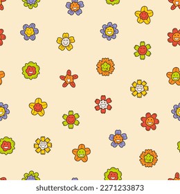 Fondo sin mar, flores felices. Patrón de superficie, concepto floral infantil. Impresión simple de tejidos, empaque
