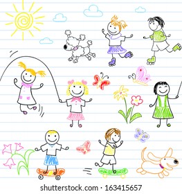 Seamless background with happy friends, playing outdoors. Sketch on notebook page