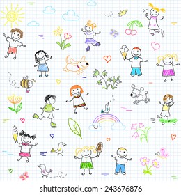 Seamless background with happy friends, playing outdoors. Sketch on notebook page