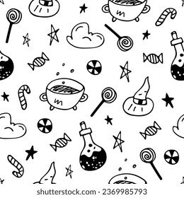 Seamless background Happy Halloween in doodle style