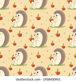 seamless background with happy hedgehog with red apple. for children. vector