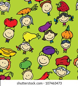 Seamless background of happy kids with fresh fruits and vegetables