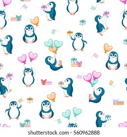 Seamless background with happy penguins, balloons, gift boxes on a white background. Cute children pattern. Vector illustration.