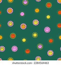 Seamless background, happy suns. Surface pattern, children summer concept. Simple print for fabric, packaging
