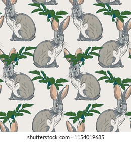 seamless background with hare and leaves