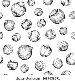 Seamless background with hazelnuts. Endless pattern hand drawn nuts. Sketches. Engraving style. Chaotic distribution on a transparent background. For packaging design, Wallpaper. kitchen accessories