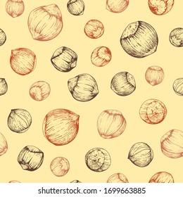 Seamless background with hazelnuts. Endless pattern with hand drawn nuts. Sketches. Engraving style. Chaotic distribution on a light background. For packaging design, Wallpaper. kitchen accessories