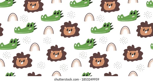 Seamless background with the head of a lion and a crocodile. Decorative cute wallpaper for the nursery in the Scandinavian style. Suitable for children's clothing, interior design, packaging, print