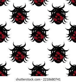Seamless background with head of a monster with red eyes, open wounds on the face, a terrible mouth and hair in the form of snakes. Horror concept for Halloween. A banner for a Halloween party. 