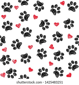 Seamless background with heart and footprint, paws	