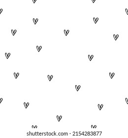 Seamless background with hearts. Black hearts are drawn by hand. Pattern on a white background. For wallpaper, fabric, gift paper, clothes, banners, valentine's day. Vector.