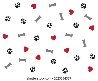 Seamless background with hearts, bone and dog paw mark. Black, red, grey and white vector illustration. Pattern for fabric, pajamas.