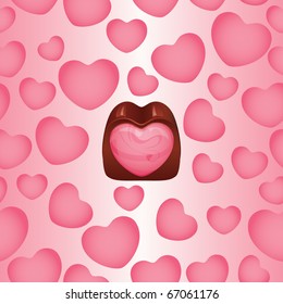 Seamless background with hearts and chocolate heart shaped praline