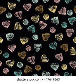 Seamless background with hearts and circles on a black background.