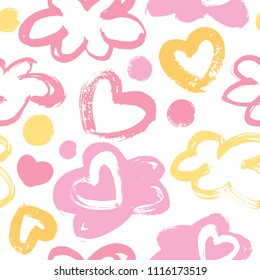 Seamless background with hearts and clouds in pink and yellow tones. Expressive dry brushes.