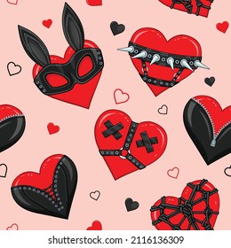 Seamless Background: Hearts In Costume. Mask, Bondage, Corset, Shibari, Lace, Collar. Template For Love Content. Vector Illustration. Print, Poster, T-shirt, Card. 