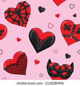 Seamless Background: Hearts In Costume. Mask, Bondage, Corset, Shibari, Lace, Collar. Template For Love Content. Vector Illustration. Print, Poster, T-shirt, Card. 