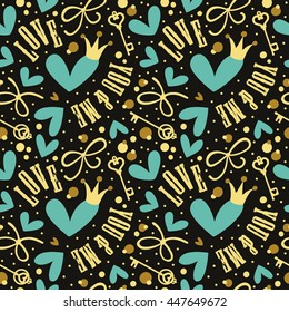 Seamless background with hearts, crown, ribbons and confetti.