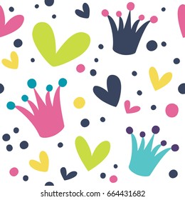 Seamless background with hearts and crowns in bright colors.