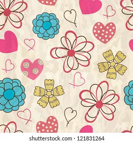 Seamless background with hearts and flowers