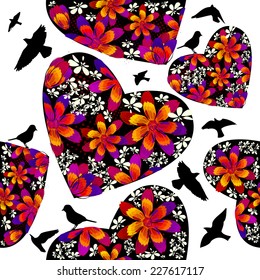 Seamless background with hearts, flowers and birds. Vector 