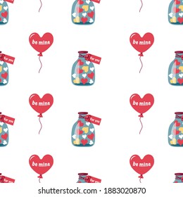 Seamless background with hearts, the inscription be mine, jars of sweets for you. Sweet gift for Valentine's Day to your beloved, wife, girlfriend. Background for wrapping paper, stationery, web