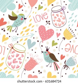 Seamless background with hearts, jars with hearts, birds and flowers.